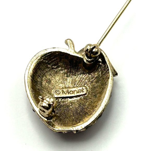 Vintage Monet Red Rhinestone Antique Gold Apple Pin Brooch Teachers Gift - Picture 15 of 15